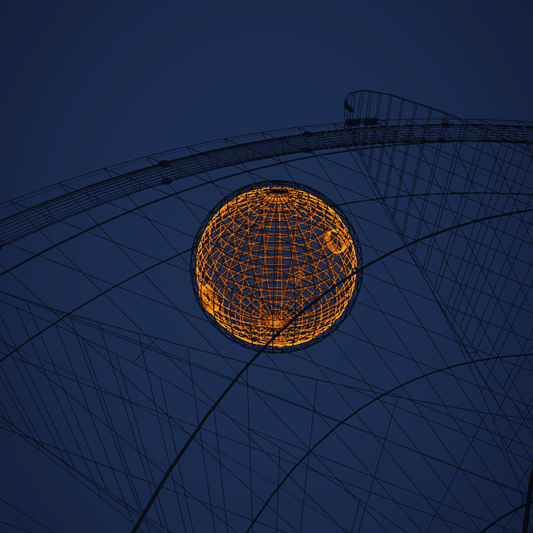 Q'Enmari's habitats are 1-cubic-km spheres (image shows wireframe of a habitat)